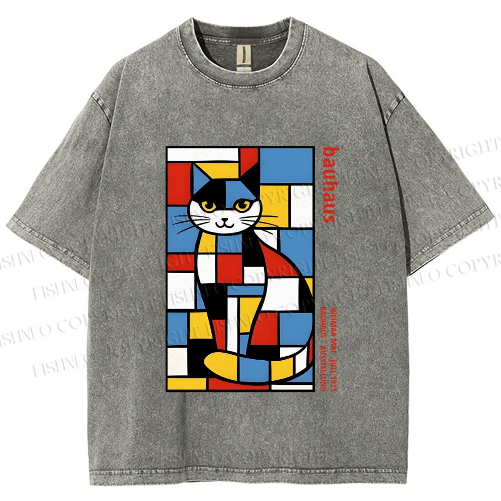Unisex Bauhaus Mondrian Cat Printed Washed Tee