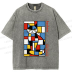 Unisex Bauhaus Mondrian Cat Printed Washed Tee
