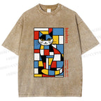 Unisex Bauhaus Mondrian Cat Printed Washed Tee