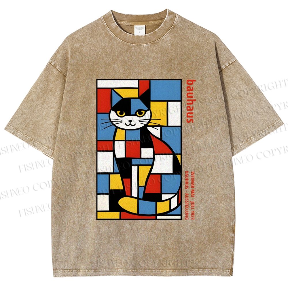 Unisex Bauhaus Mondrian Cat Printed Washed Tee