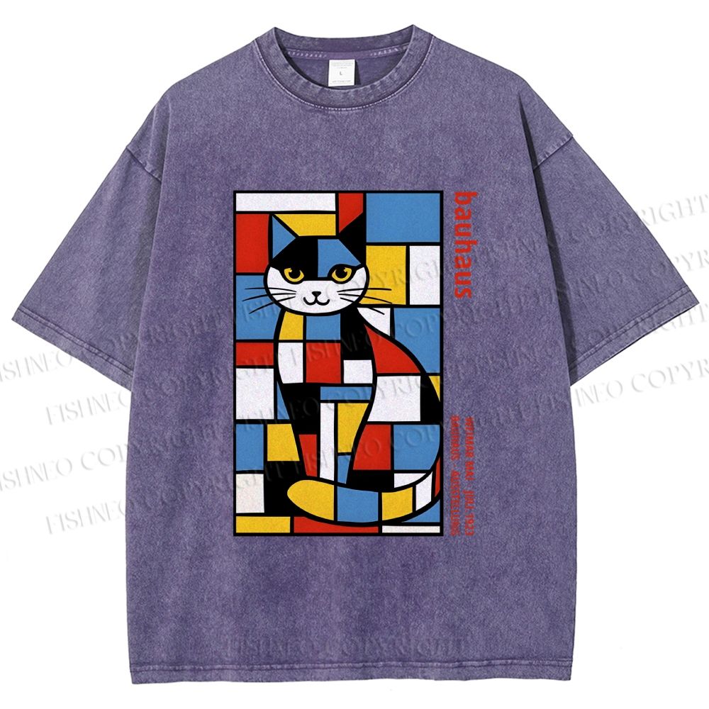 Unisex Bauhaus Mondrian Cat Printed Washed Tee