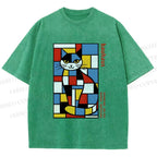 Unisex Bauhaus Mondrian Cat Printed Washed Tee