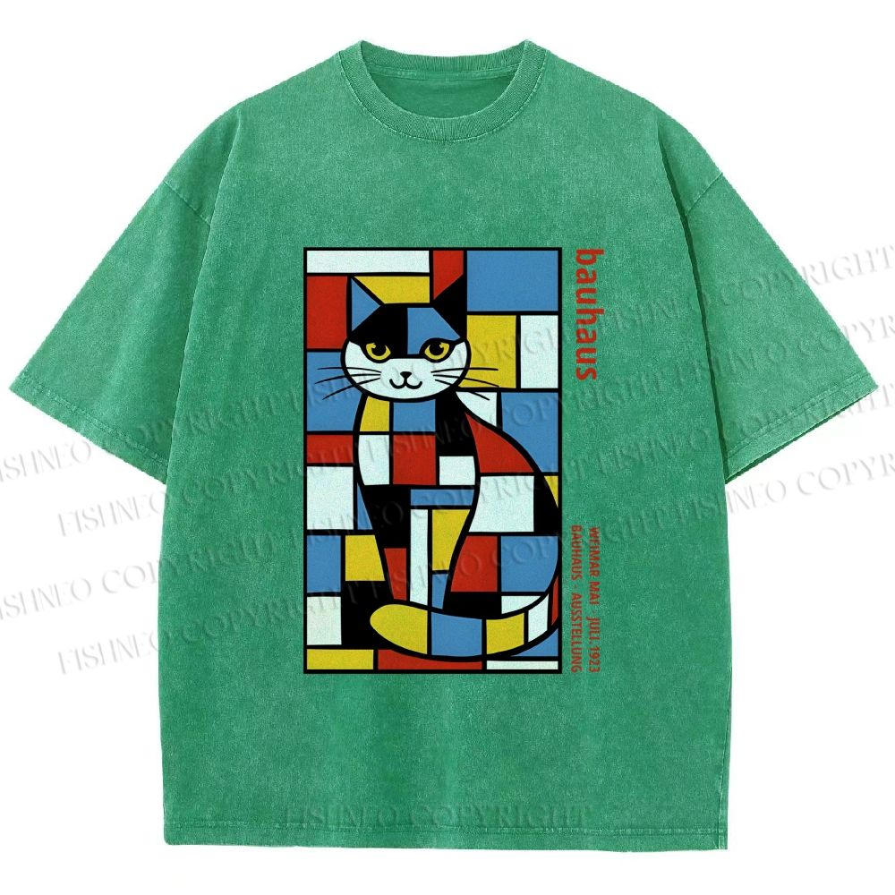 Unisex Bauhaus Mondrian Cat Printed Washed Tee