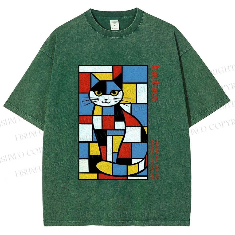 Unisex Bauhaus Mondrian Cat Printed Washed Tee