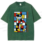 Unisex Bauhaus Mondrian Cat Printed Washed Tee
