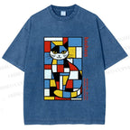 Unisex Bauhaus Mondrian Cat Printed Washed Tee
