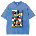 Unisex Bauhaus Mondrian Cat Printed Washed Tee
