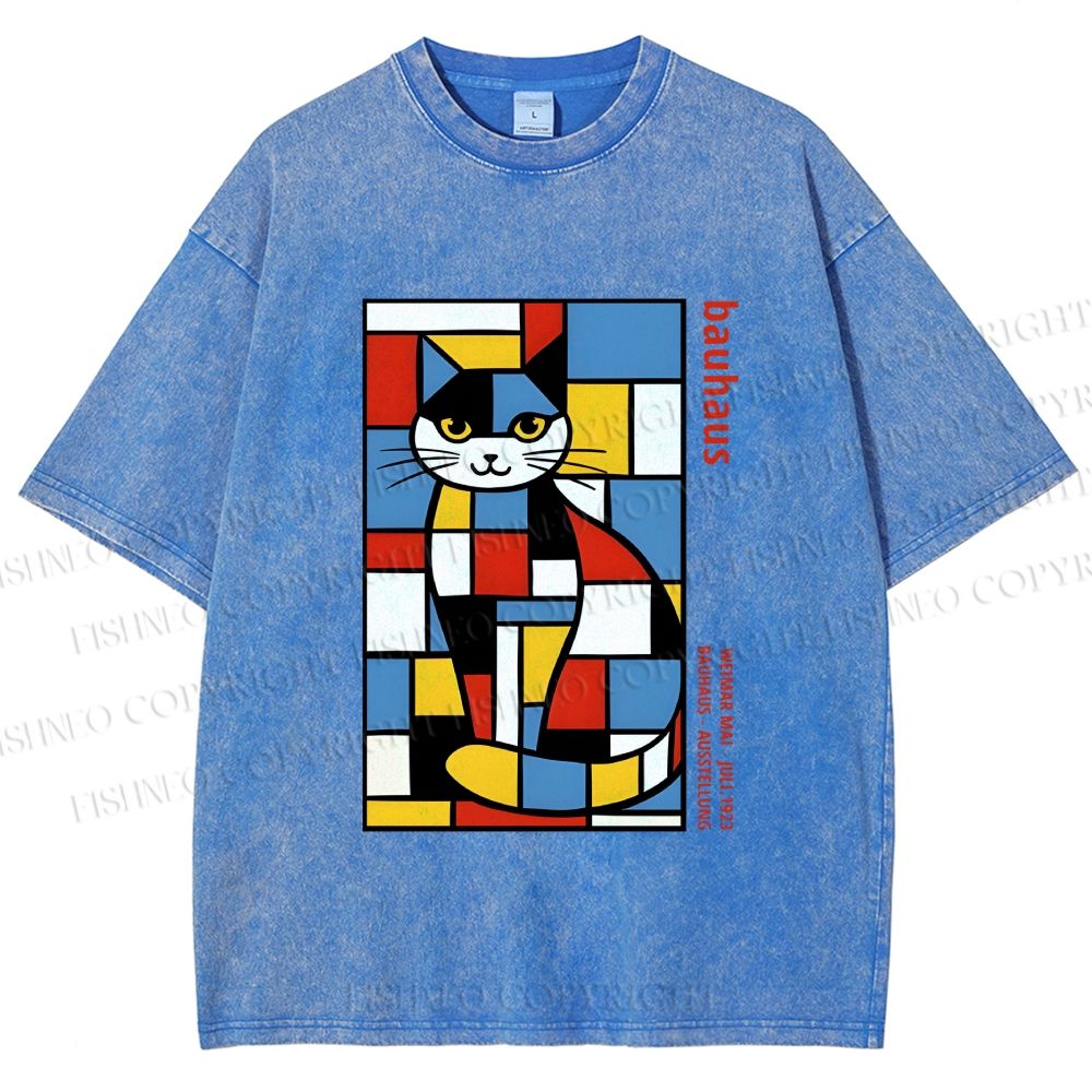 Unisex Bauhaus Mondrian Cat Printed Washed Tee