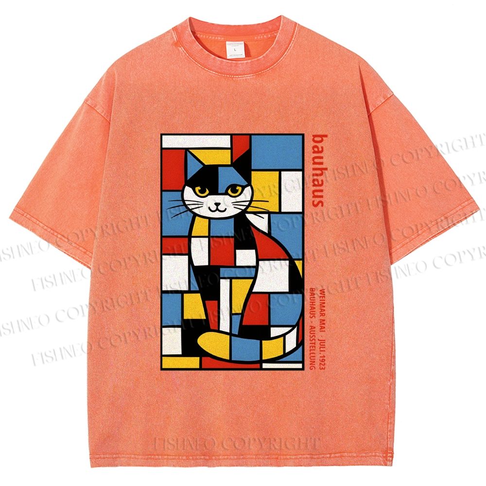 Unisex Bauhaus Mondrian Cat Printed Washed Tee