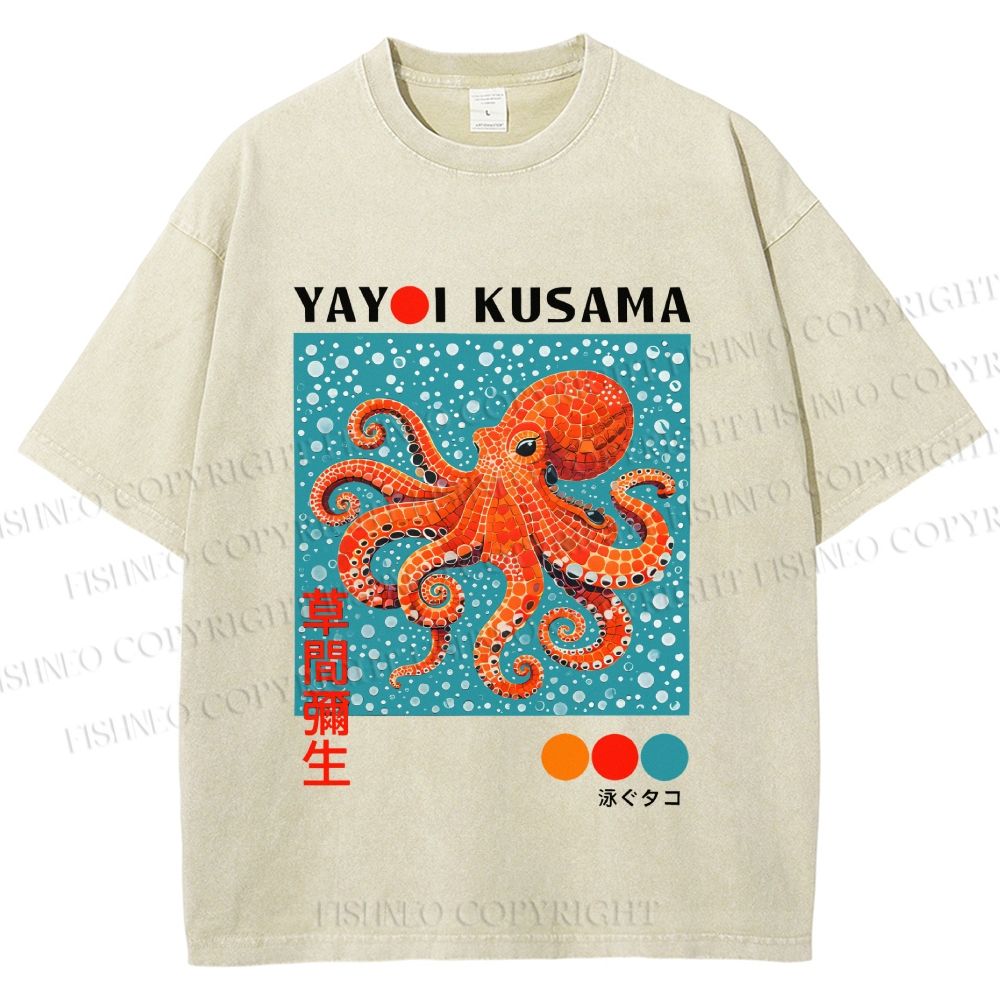 Unisex Yayoi-Style Octopus Printed Washed Tee