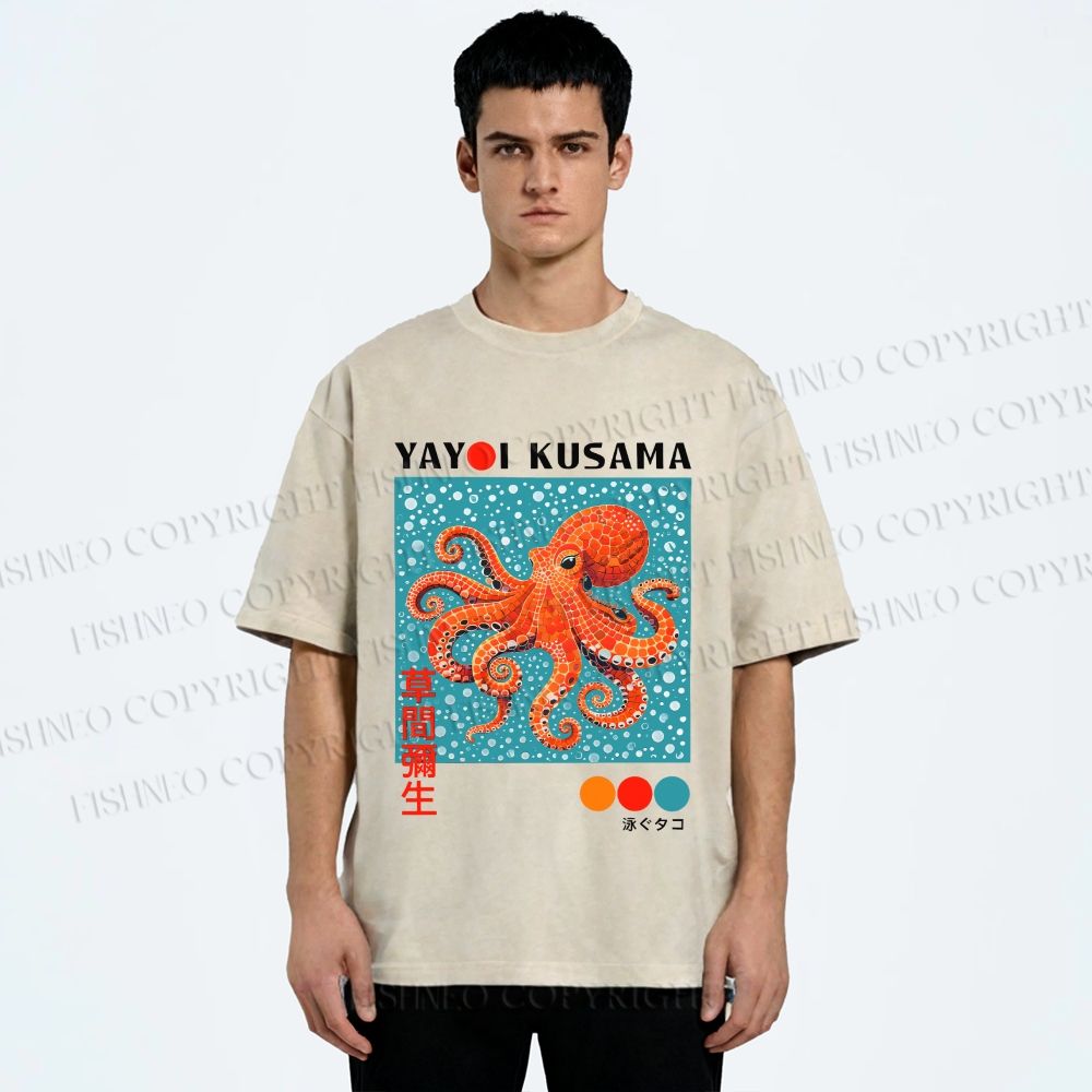 Unisex Yayoi-Style Octopus Printed Washed Tee