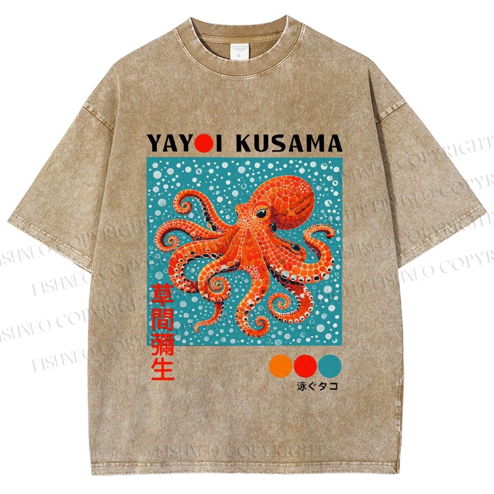 Unisex Yayoi-Style Octopus Printed Washed Tee