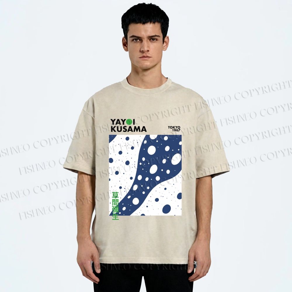 Unisex Yayoi Kusama Japanese Wave Dots Printed Washed Tee