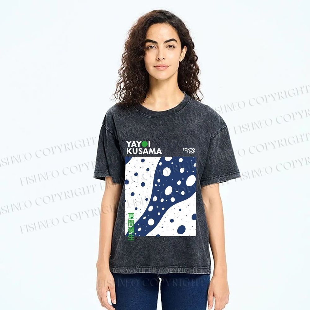 Unisex Yayoi Kusama Japanese Wave Dots Printed Washed Tee