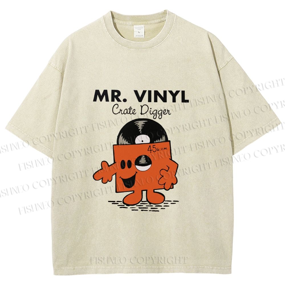 Unisex Vintage Funny Mr.Vinyl Printed Washed Tee