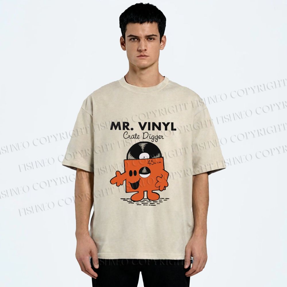 Unisex Vintage Funny Mr.Vinyl Printed Washed Tee