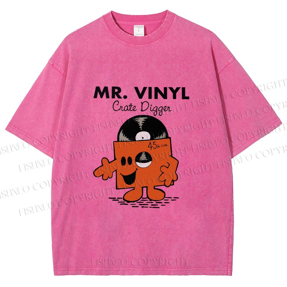 Unisex Vintage Funny Mr.Vinyl Printed Washed Tee