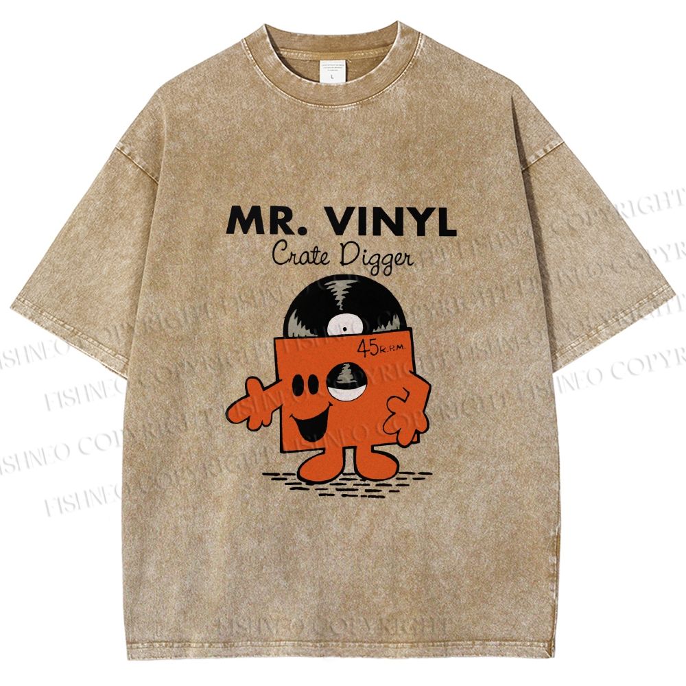 Unisex Vintage Funny Mr.Vinyl Printed Washed Tee