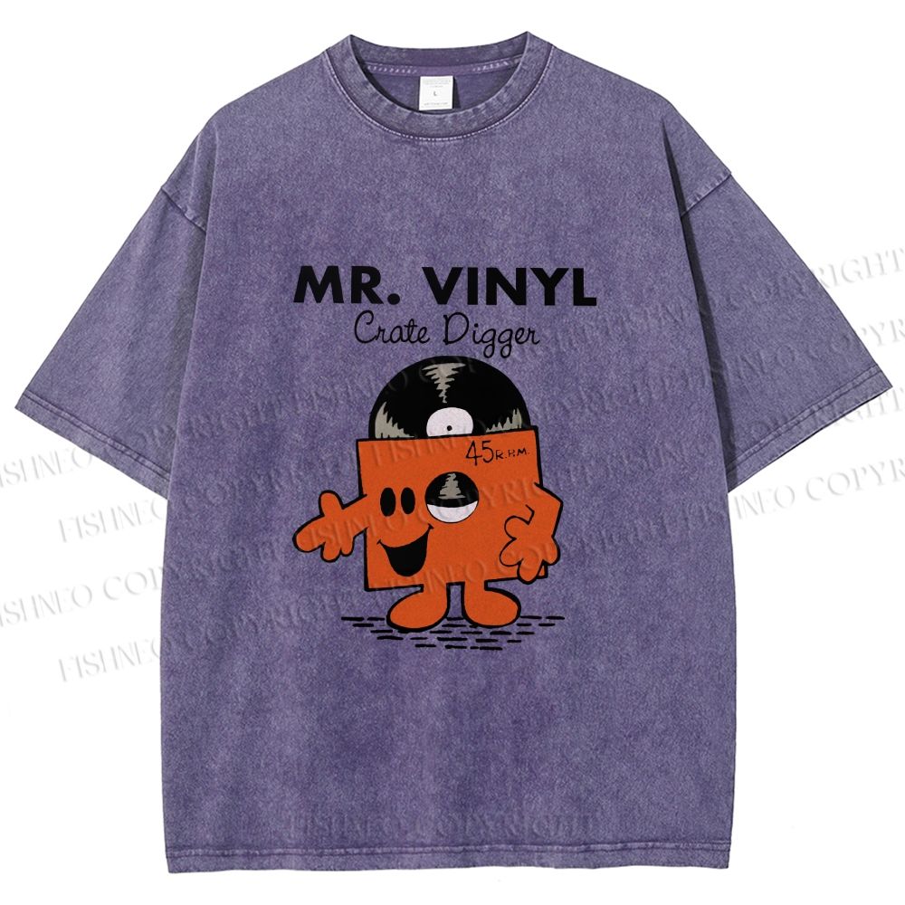 Unisex Vintage Funny Mr.Vinyl Printed Washed Tee