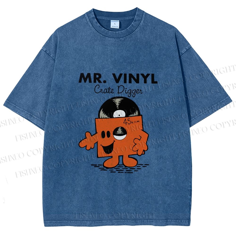 Unisex Vintage Funny Mr.Vinyl Printed Washed Tee