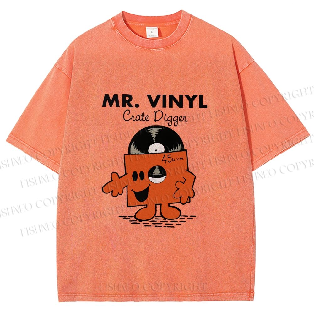 Unisex Vintage Funny Mr.Vinyl Printed Washed Tee