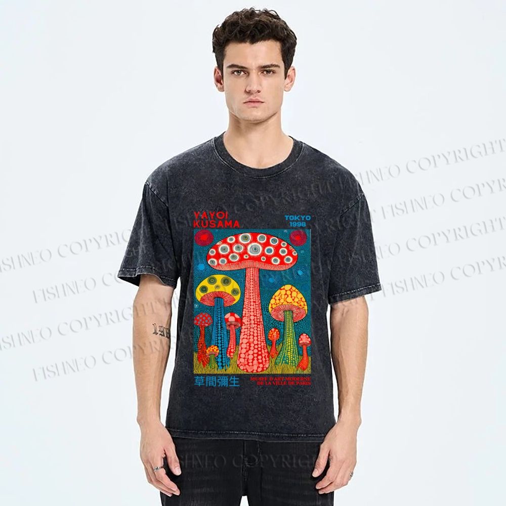 Unisex Yayoi Kusama Mushroom Printed Washed Tee
