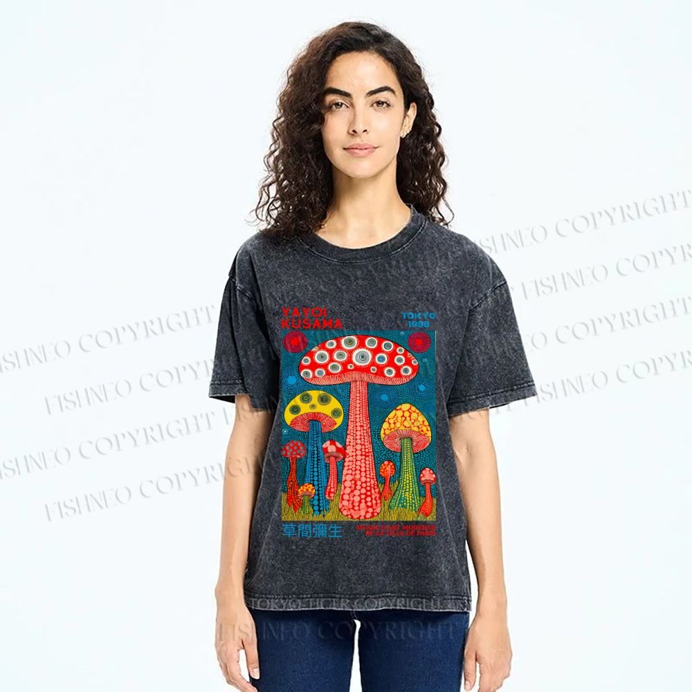Unisex Yayoi Kusama Mushroom Printed Washed Tee