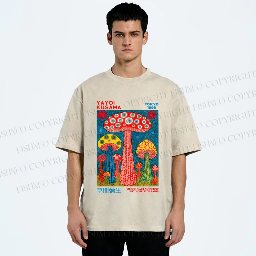 Unisex Yayoi Kusama Mushroom Printed Washed Tee