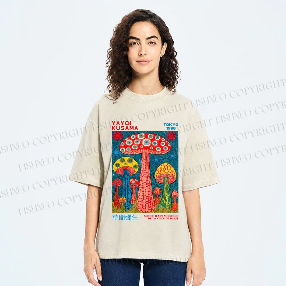 Unisex Yayoi Kusama Mushroom Printed Washed Tee