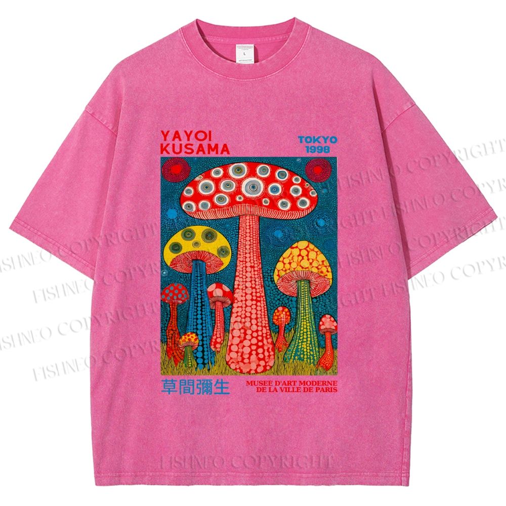 Unisex Yayoi Kusama Mushroom Printed Washed Tee