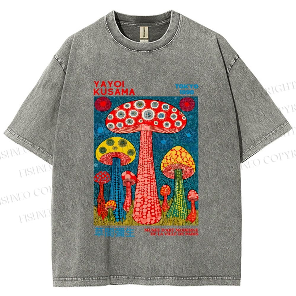 Unisex Yayoi Kusama Mushroom Printed Washed Tee