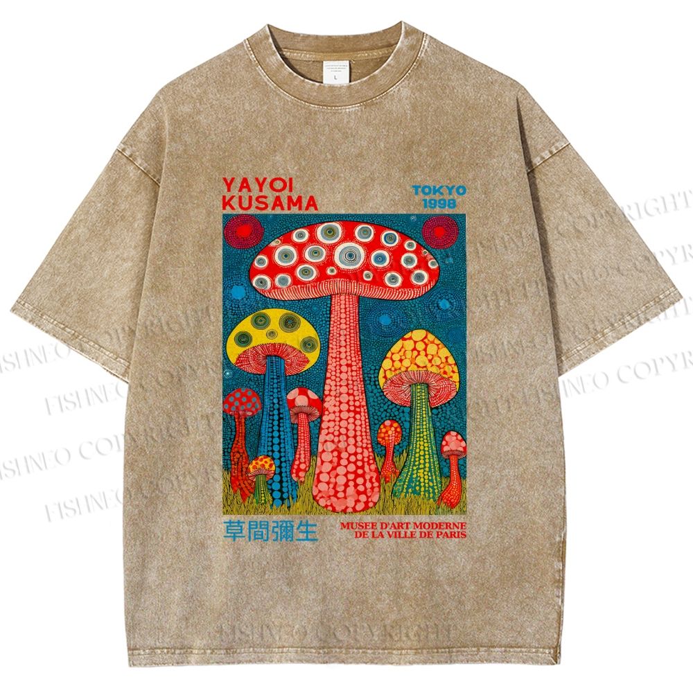 Unisex Yayoi Kusama Mushroom Printed Washed Tee