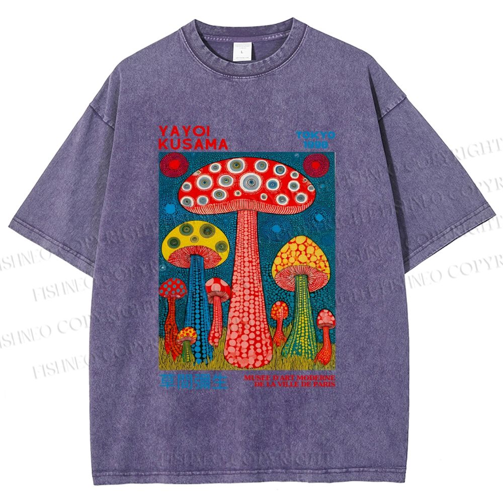 Unisex Yayoi Kusama Mushroom Printed Washed Tee