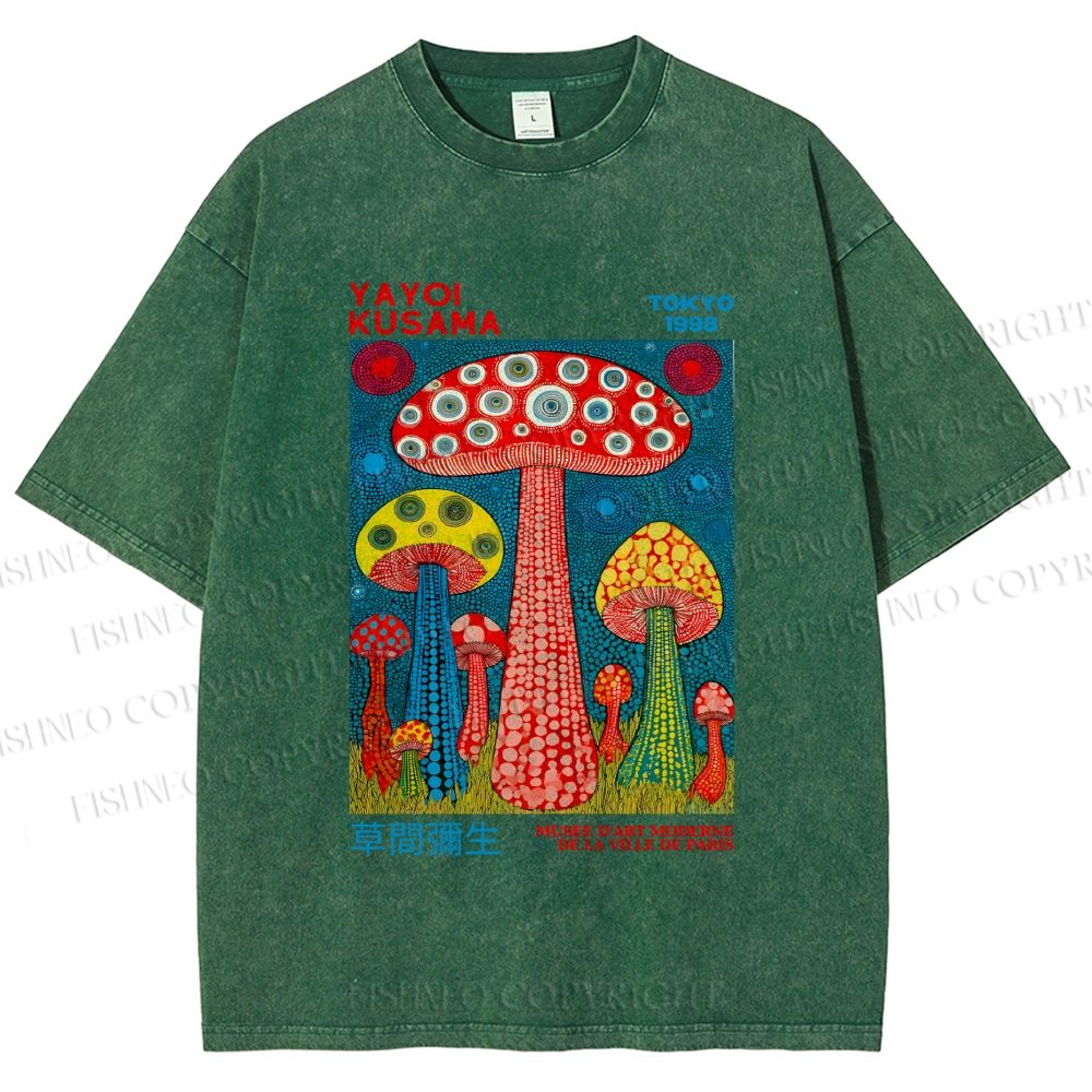 Unisex Yayoi Kusama Mushroom Printed Washed Tee