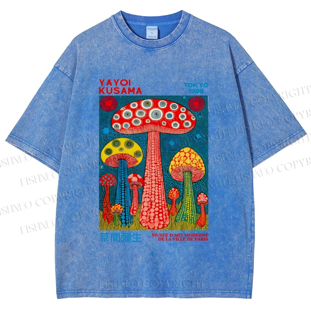 Unisex Yayoi Kusama Mushroom Printed Washed Tee