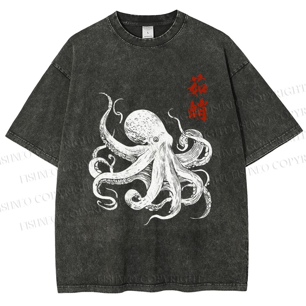 Unisex Ukiyo-e Octopus Art Printed Washed Tee
