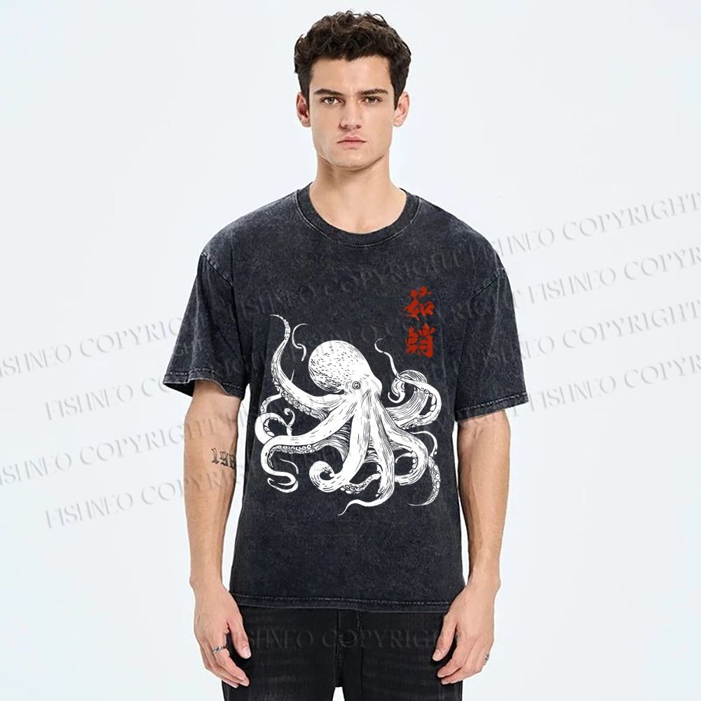 Unisex Ukiyo-e Octopus Art Printed Washed Tee