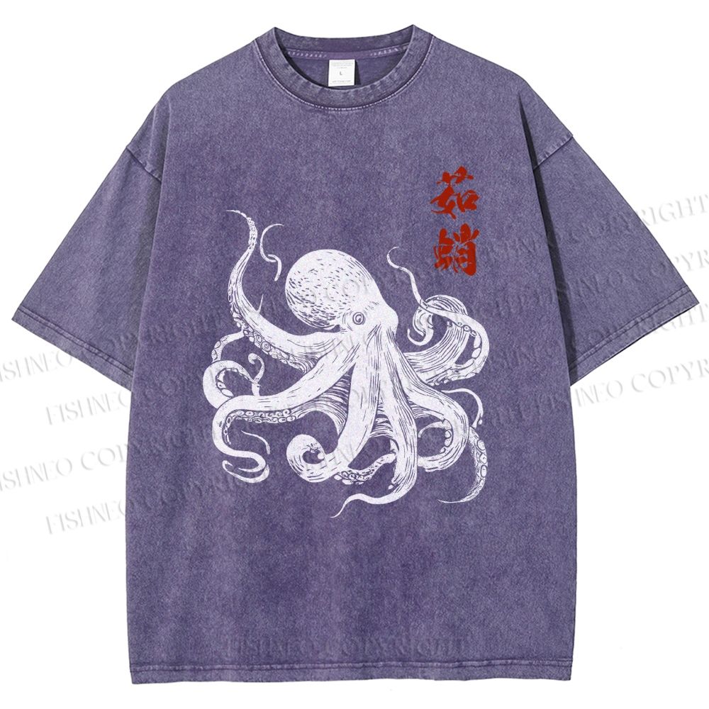 Unisex Ukiyo-e Octopus Art Printed Washed Tee