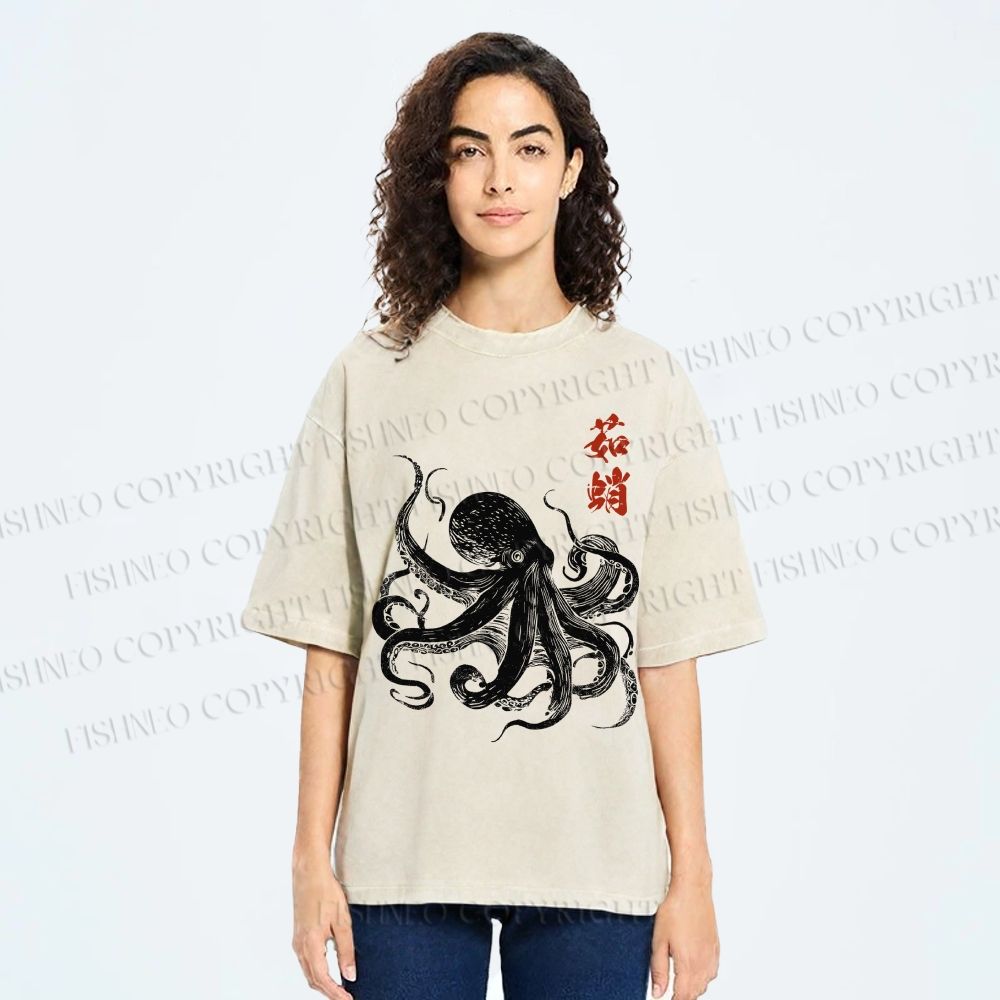 Unisex Ukiyo-e Octopus Art Printed Washed Tee