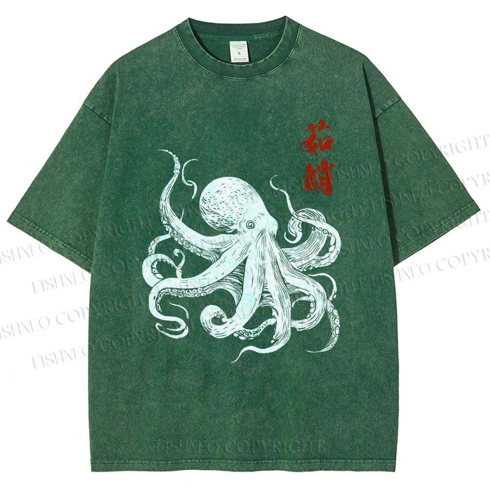 Unisex Ukiyo-e Octopus Art Printed Washed Tee