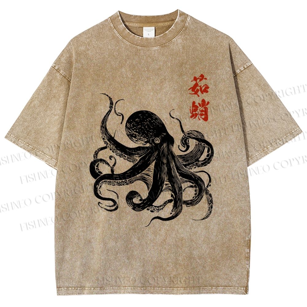 Unisex Ukiyo-e Octopus Art Printed Washed Tee