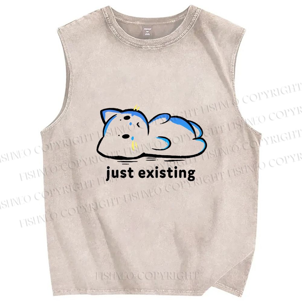 Unisex Just Existing Cat Printed Washed Tank Top