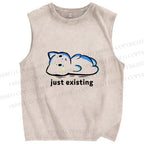 Unisex Just Existing Cat Printed Washed Tank Top