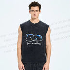 Unisex Just Existing Cat Printed Washed Tank Top