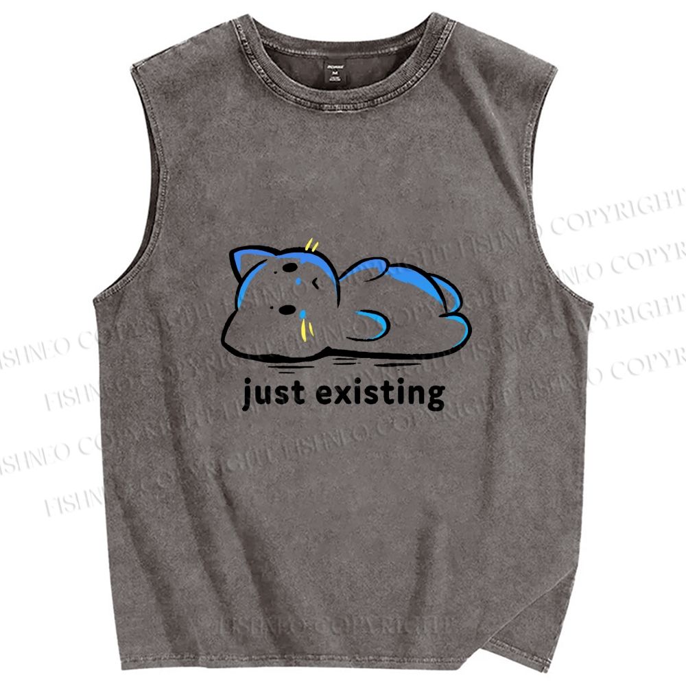 Unisex Just Existing Cat Printed Washed Tank Top