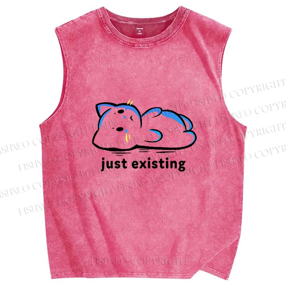 Unisex Just Existing Cat Printed Washed Tank Top