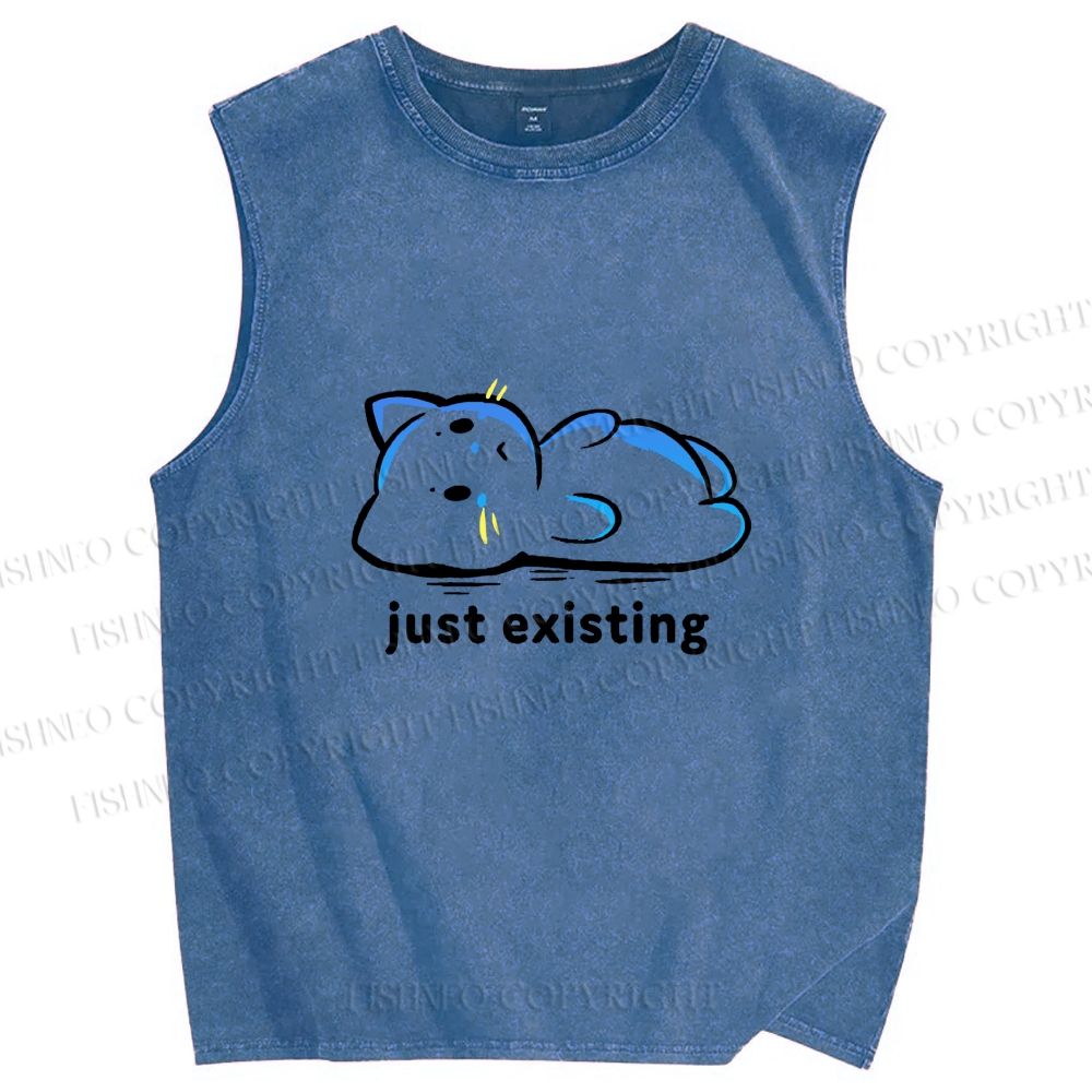 Unisex Just Existing Cat Printed Washed Tank Top