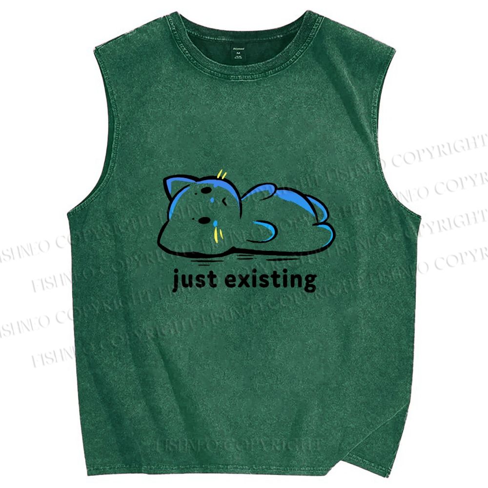 Unisex Just Existing Cat Printed Washed Tank Top