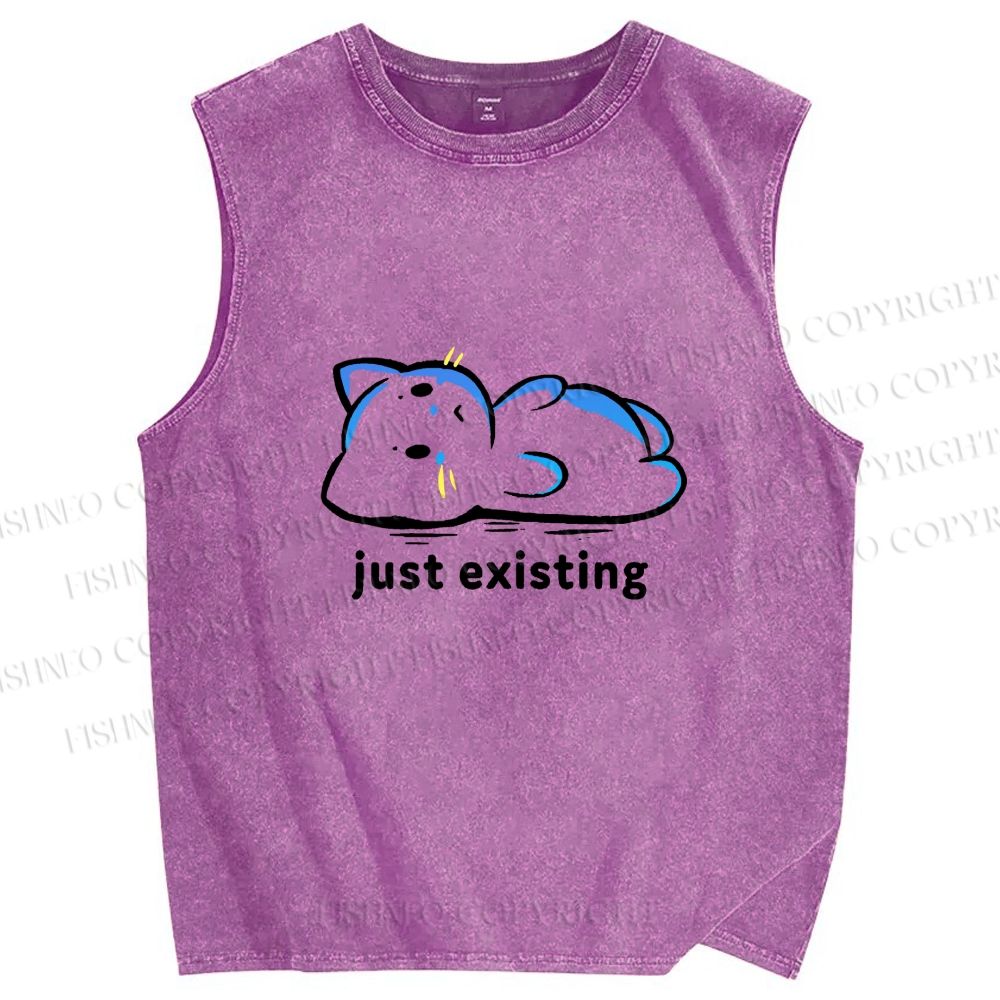 Unisex Just Existing Cat Printed Washed Tank Top
