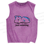 Unisex Just Existing Cat Printed Washed Tank Top